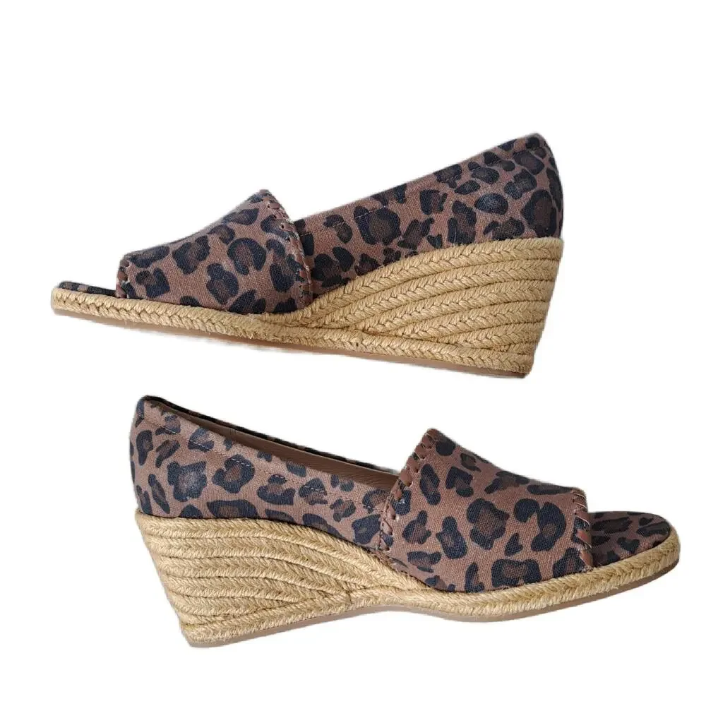 Jack Rogers Palmer Wedge Sandal Size 7 Linen Leopard Print Espadrille Peep Toe